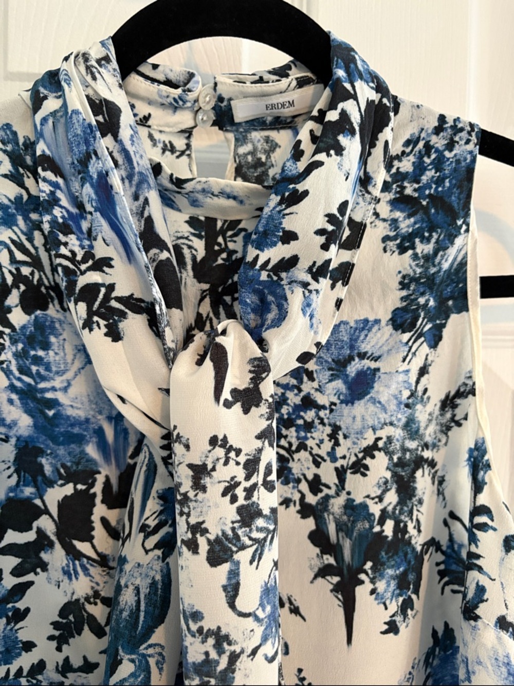 ERDEM White silk Sleeveless Tunic with Blue & Black Floral Print - Picture 3 of 3